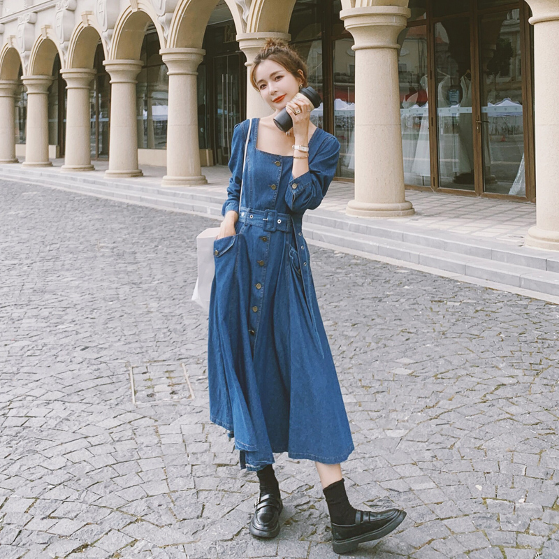 Đầm denim thắt eo kiểu Pháp
