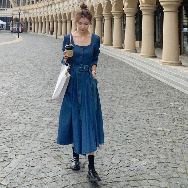 Đầm denim thắt eo kiểu Pháp