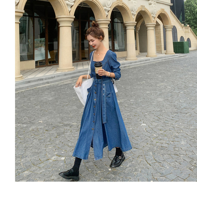 Đầm denim thắt eo kiểu Pháp