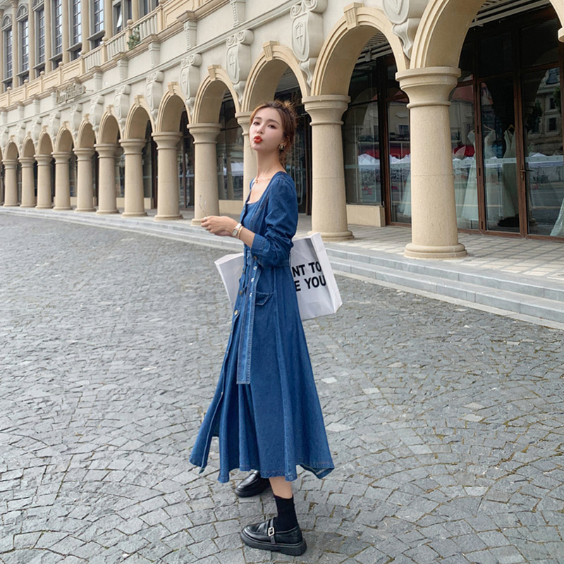Đầm denim thắt eo kiểu Pháp