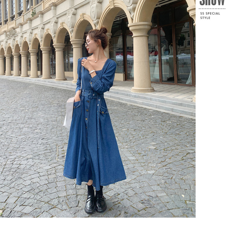 Đầm denim thắt eo kiểu Pháp